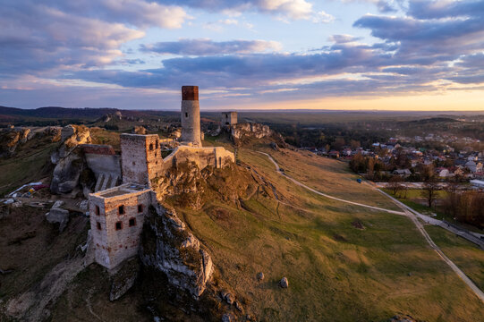 Aerial view of castle ruins in Olsztyn in Poland