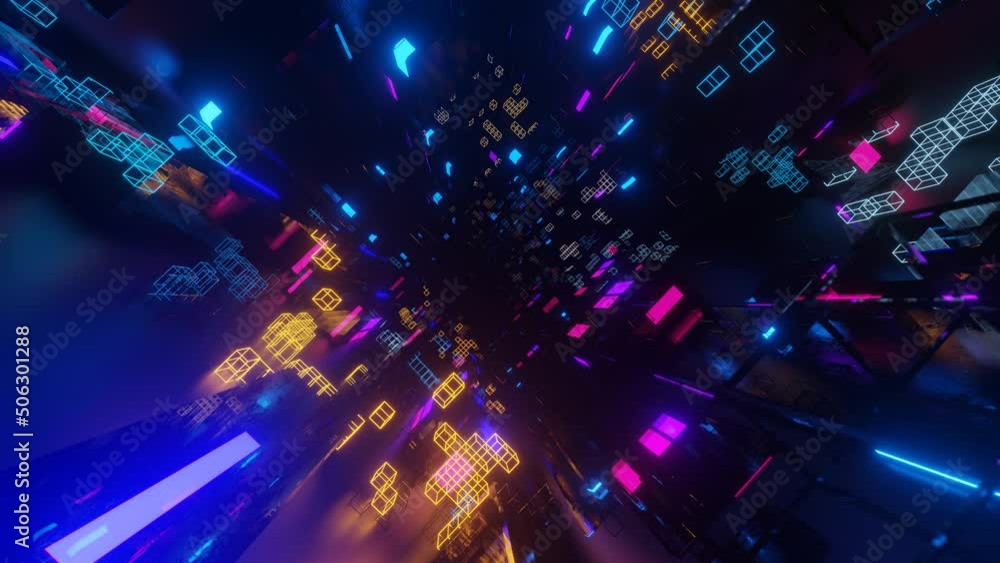 Poster abstract frames and boxes. fly through technology cyberspace with neon glow. sci-fi flight through h