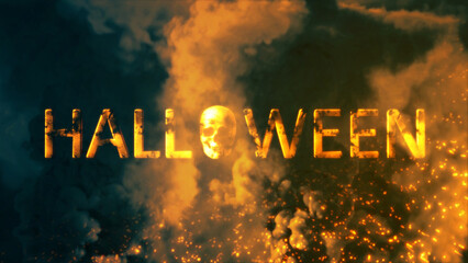 Text halloween with human skull on background with fire fire and smoke - abstract 3D rendering