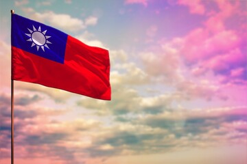 Fluttering Taiwan Province of China flag mockup with the space for your content on colorful cloudy sky background.