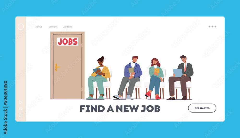 Poster applicants with cv documents hiring work landing page template. people waiting interview sitting in 