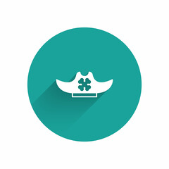 White Pirate hat icon isolated with long shadow background. Green circle button. Vector