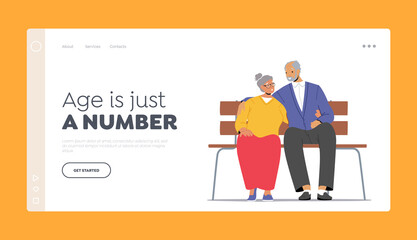 Old Man and Woman Landing Page Template. Oldies Sitting on Bench, Hugging. Elderly Male and Female Characters Spend Time