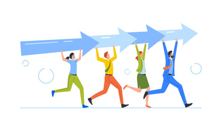 Business Men and Women Teamwork. People Carry Huge Arrow. Team Moves to Success and Improvement, Sharing Business Goal