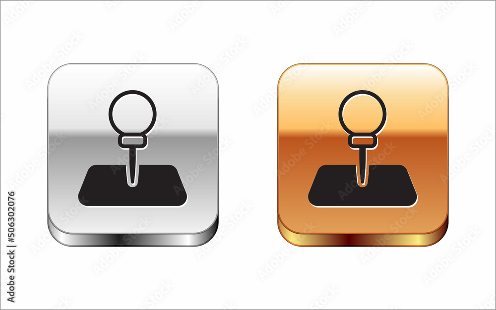 Poster Black Push pin icon isolated on white background. Thumbtacks sign. Silver and gold square buttons. Vector