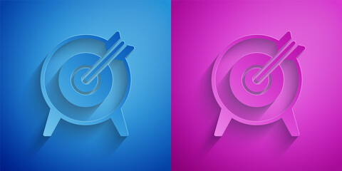Paper cut Target financial goal concept icon isolated on blue and purple background. Symbolic goals achievement, success. Paper art style. Vector