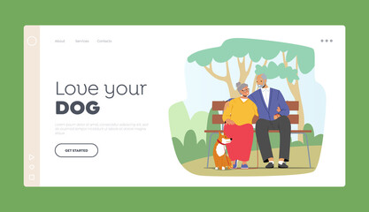 Fototapeta premium Aged Family Outdoor Relax with Pet Landing Page Template. Elderly Couple Characters Spending Time With Dog at City Park