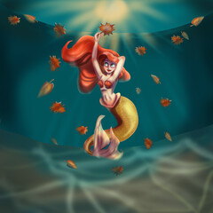 Redhead happy rusadka plays with autumn leaves underwater.