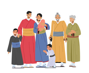 Happy Asian Family, Smiling Young and Old Male and Female Characters. Parents, Grandparents and Kids Wear Kimono Dresses