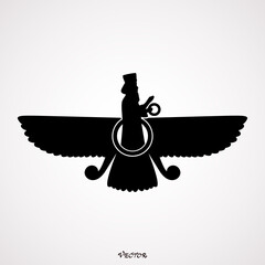 Vector symbol of Zoroastrianism religion, monochrome icon with ancient sumerian symbol Faravahar for your project