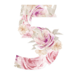 Abstract Number Five Blossom Alphabet Design. Watercolor Floral number 5 isolated on white background.