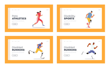 Disabled Athletes Landing Page Template Set. Young Amputee Men or Women Running. Characters Run City Marathon