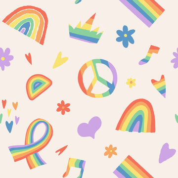Pride Month seamless pattern with various LGBTQ flag, celebrating symbols. Colorful 70s style vector repeat