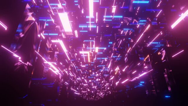 Hi-tech neon sci-fi tunel. Trendy neon glow lines form pattern and construction in mirror tunnel. Blue hologram. Fly through technology cyberspace. 3d looped seamless 4k bright youth background.