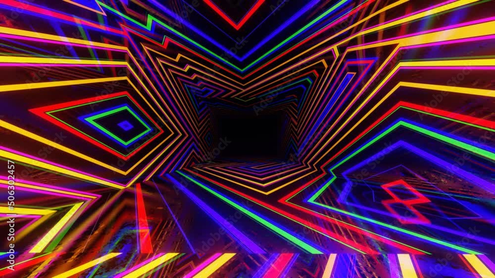 Poster colorful multicolor pattern. fly through mirror tunnel with neon pattern, glow lines form sci fi pat