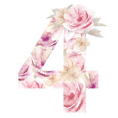Number 4 Floral Alphabet Design Watercolour Flower number four isolated on white background.