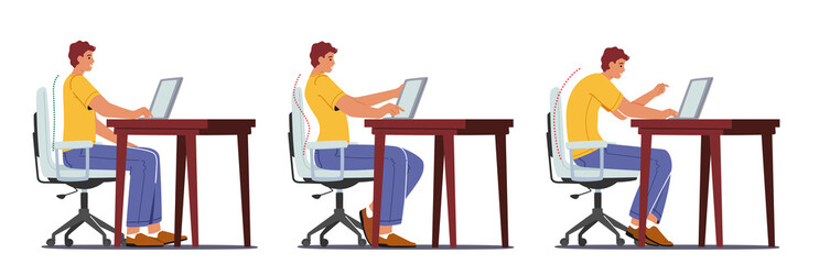 Right and Wrong Sitting Postures. Male Character Sit at Desk Work on Pc at Correct and Incorrect Spine Seat Positions
