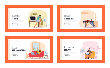 Characters at Hot Summer Landing Page Template Set. People Sweltering in Heat, Men and Women Trying to Work