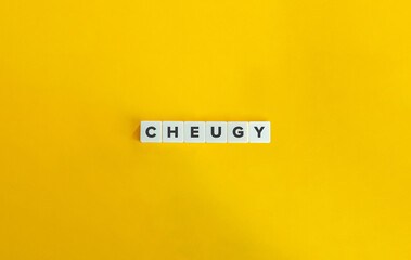 Cheugy Slang Word. Following Out of Date Trends. Letter Tiles on Yellow Background. Minimal Aesthetics.