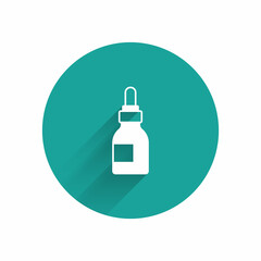 White Beard and mustaches care oil bottle icon isolated with long shadow background. Glass bottle with pipette. Green circle button. Vector