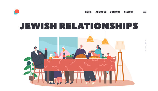 Jewish Relationship Landing Page Template. Happy Israel Family Celebrate Hanukkah Holiday or Having Dinner at Home