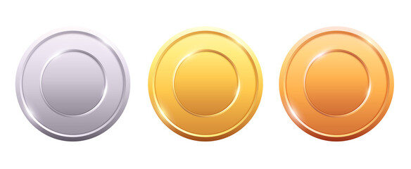 Medals logo collection. Set of shiny round awards in gold, silver and bronze metallic colors. Luxury frames, decoration emblems. Isolated abstract graphic design template