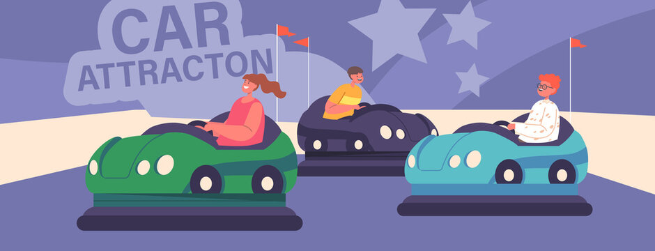 Boys and Girls Characters Riding Carts or Bumper Car Attraction in Amusement Park. Children Having Fun at Funfair