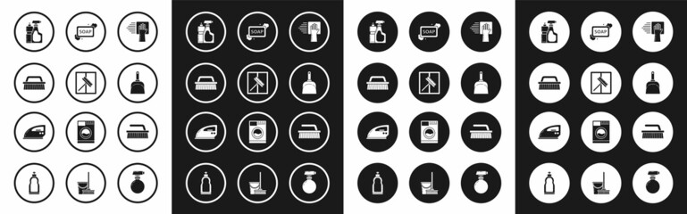 Set Cleaning service, Squeegee, scraper, wiper, Brush for cleaning, Plastic bottles liquid dishwashing liquid, Dustpan, Bar of soap with foam, and Electric iron icon. Vector