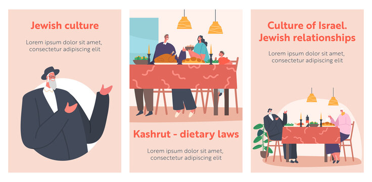 Happy Israel Family Relationship Banners, Jewish Parents, Grandparents and Child Sitting at Table with Traditional Meals