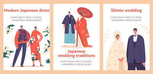 Asian Marriage Traditions Banners, Traditional Japanese Wedding. Couples Wear Bridal Dress, Bride and Groom Characters