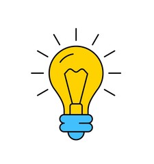 Light bulb with rays shine. Creative ideas, brainstorming and problem solving. Implementation of innovative solutions. Design for icon. Cartoon flat vector illustration isolated on a white background