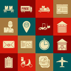 Set Plane, Warehouse, Closed warehouse, Delivery truck with cardboard boxes, Placeholder on map paper, man, Railway carriage and Forklift icon. Vector