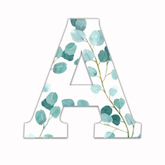 Capital letter A decorated with green leaves. Letter of the English alphabet with floral decoration. Green foliage.