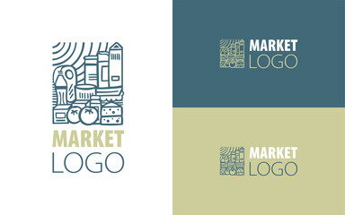 Logo for market formed with illustrations of various supermarket products including food, fruits and drinks.