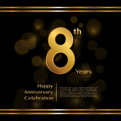 8 years anniversary celebration logotype with gold color and ribbon for booklet, leaflet, magazine, brochure poster, banner, web, invitation or greeting card. Vector illustrations.