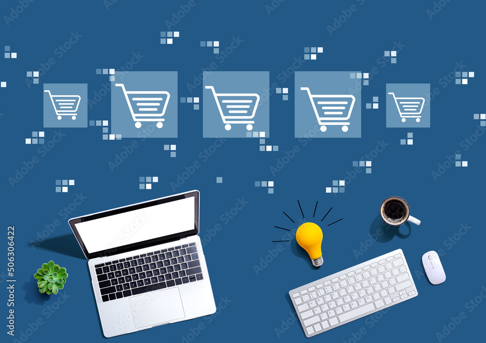 Poster online shopping theme with computers with a light bulb from above