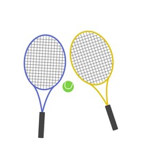 Various Sport equipment. Poster with rackets and small ball for playing lawn tennis or badminton. Healthy lifestyle or physical activity. Cartoon flat vector illustration isolated on white background