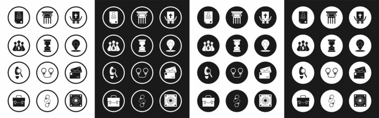 Set Oath on the Holy Bible, Old hourglass, Money bag, Identification badge, Map marker with silhouette of person, Law pillar, Envelope and Magnifying footsteps icon. Vector