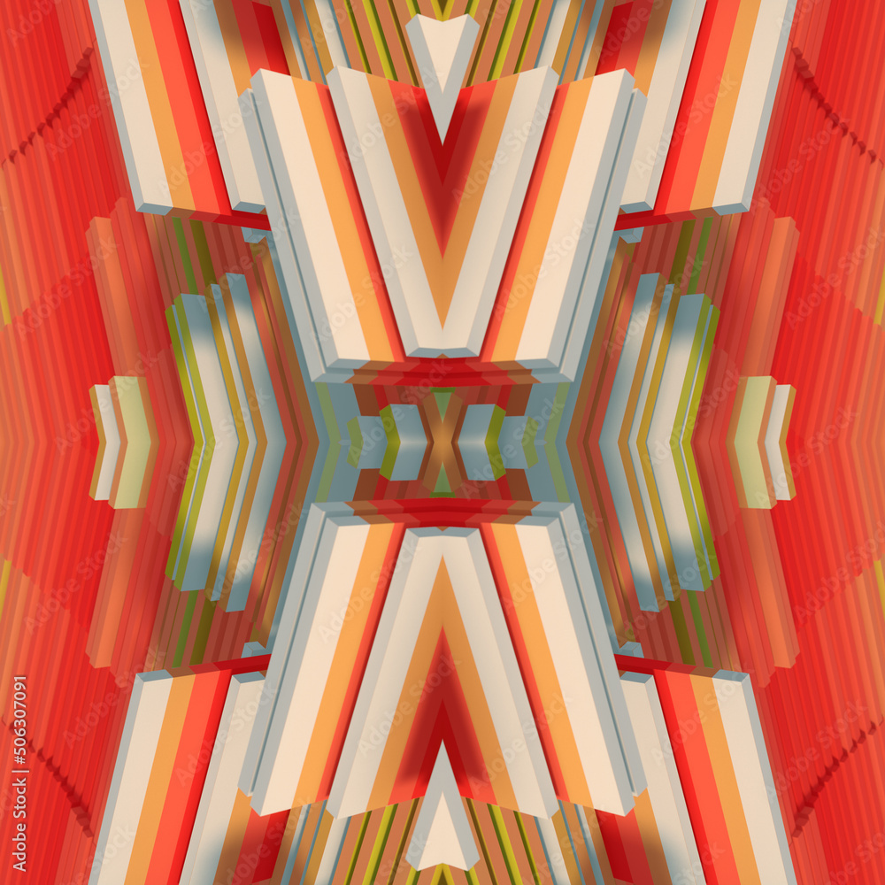 Poster Kaleidoscopic pattern of wave multi colored rectangular shapes. Abstract background. 3d rendering digital illustration