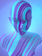 Abstract sculpture of a woman bust is composed of thin slices of neon color 3d rendering background digital illustration