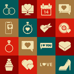 Set Woman shoe with high heel, Candy in heart shaped box, Romantic music, Calendar February 14, Heart the center stopwatch, Smartphone speech bubble, Wedding rings and Amour arrow icon. Vector