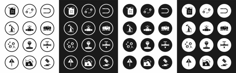 Set Industry pipe, and valve, Oil pump or pump jack, Canister for motor oil, railway cistern, exchange, Broken with leaking water and Molecule icon. Vector
