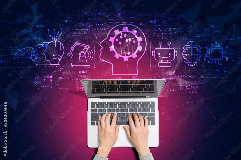 Poster future technology concept with person using a laptop computer