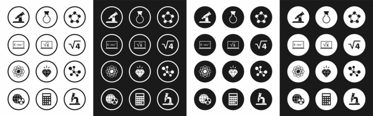 Set Molecule, Square root of x glyph, Equation solution, Telescope, 4, Test tube and flask, and Atom icon. Vector