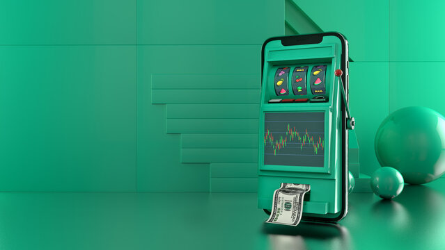 3D Illustration of Mobile Phone App Used to Gamble on the Stock Market like a Slot Machine on Green Background