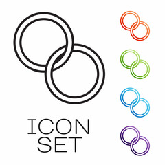 Naklejka premium Black line Wedding rings icon isolated on white background. Bride and groom jewelry sign. Marriage symbol. Diamond ring. Set icons colorful. Vector