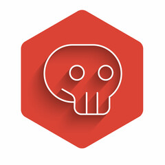 White line Skull icon isolated with long shadow. Red hexagon button. Vector