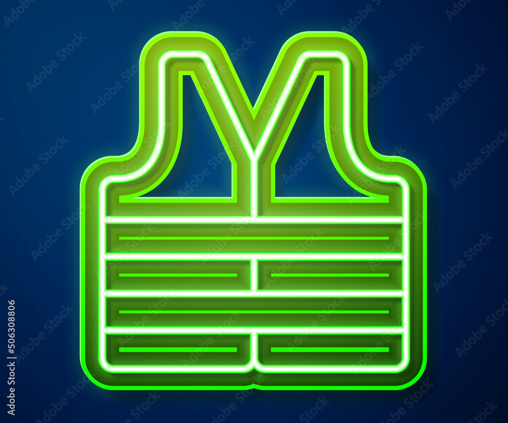 Wall mural glowing neon line life jacket icon isolated on blue background. life vest icon. extreme sport. sport