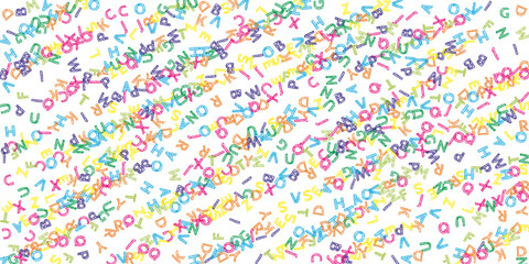 Falling letters of English language. Colorful sketch flying words of Latin alphabet. Foreign languages study concept. Cute back to school banner on white background.