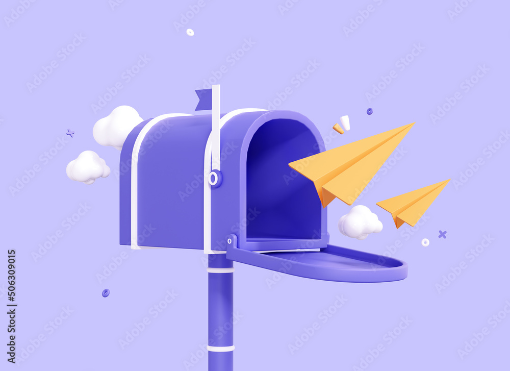 Poster 3d cartoon mailbox with paper airplane messages. newsletter concept. sending a telegram. mail delive